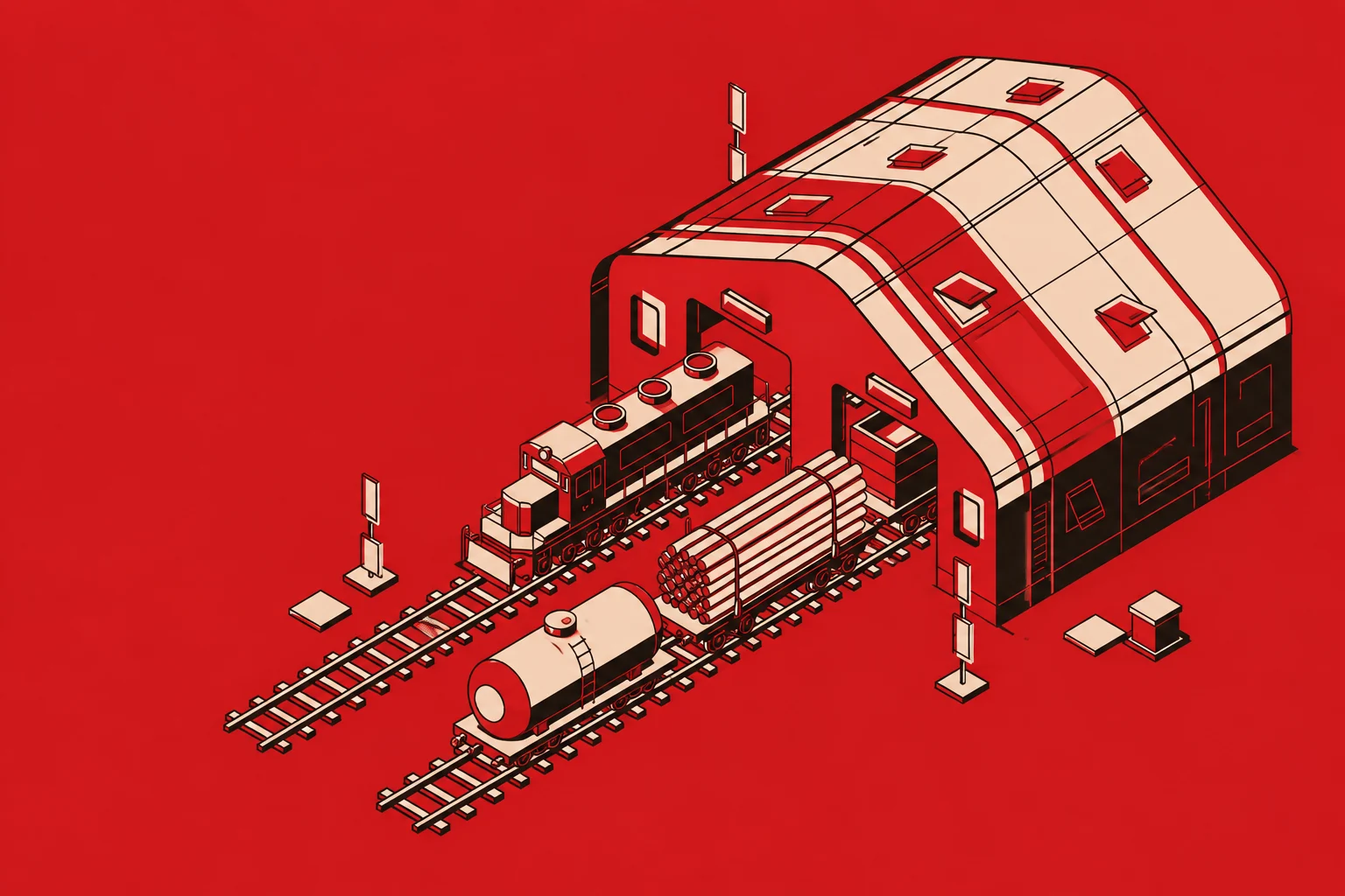 Illustrated rail maintenance depot representing maintenance repair and overhaul services