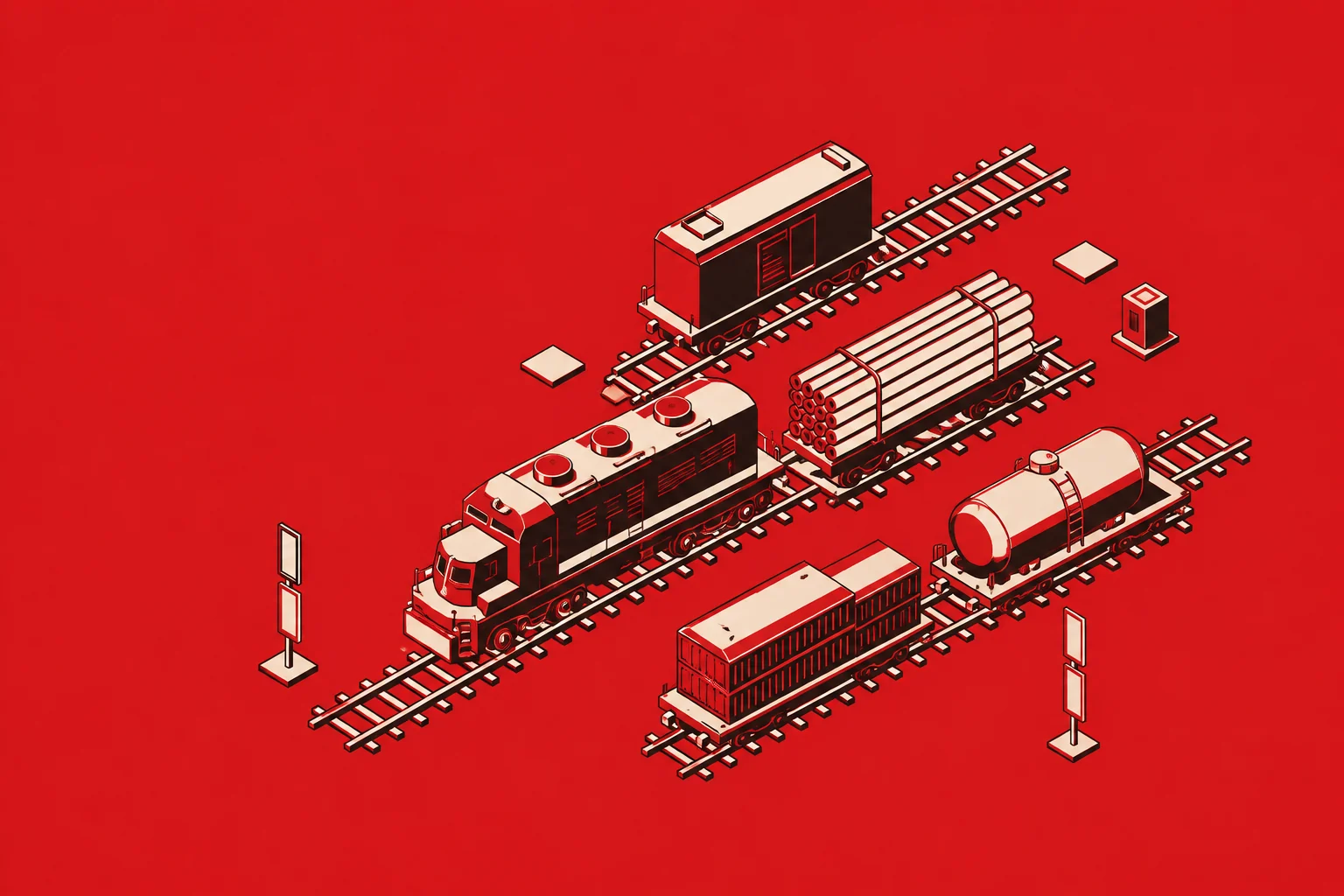 Illustrated rail freight and component flow representing supply chain support