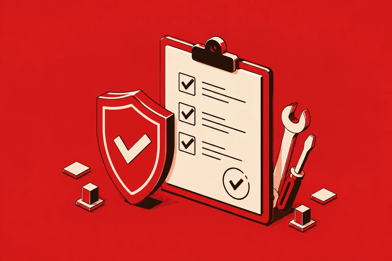 Illustrated checklist shield and tools representing rail testing and assurance